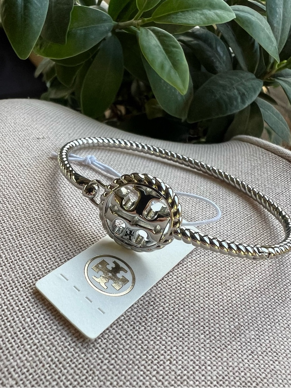 Tory Burch Silver-Tone Rope Cable Logo Medallion Bracelet